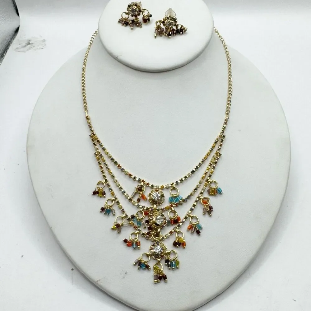 Colorful Bead And Rhinestone Gold Plated Bollywood Indian Necklace And Earrings